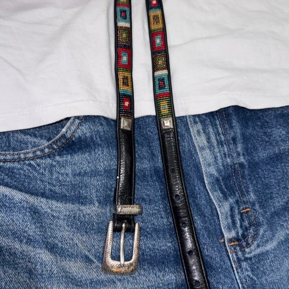 Vintage Western Black leather belt with colorful geometric beadwork